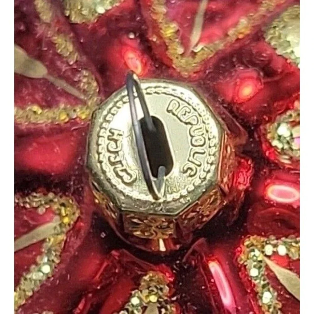 Vtg Czech Republic Blown Glass Crown Christmas Ornaments Red Gold Set of 2 EUC